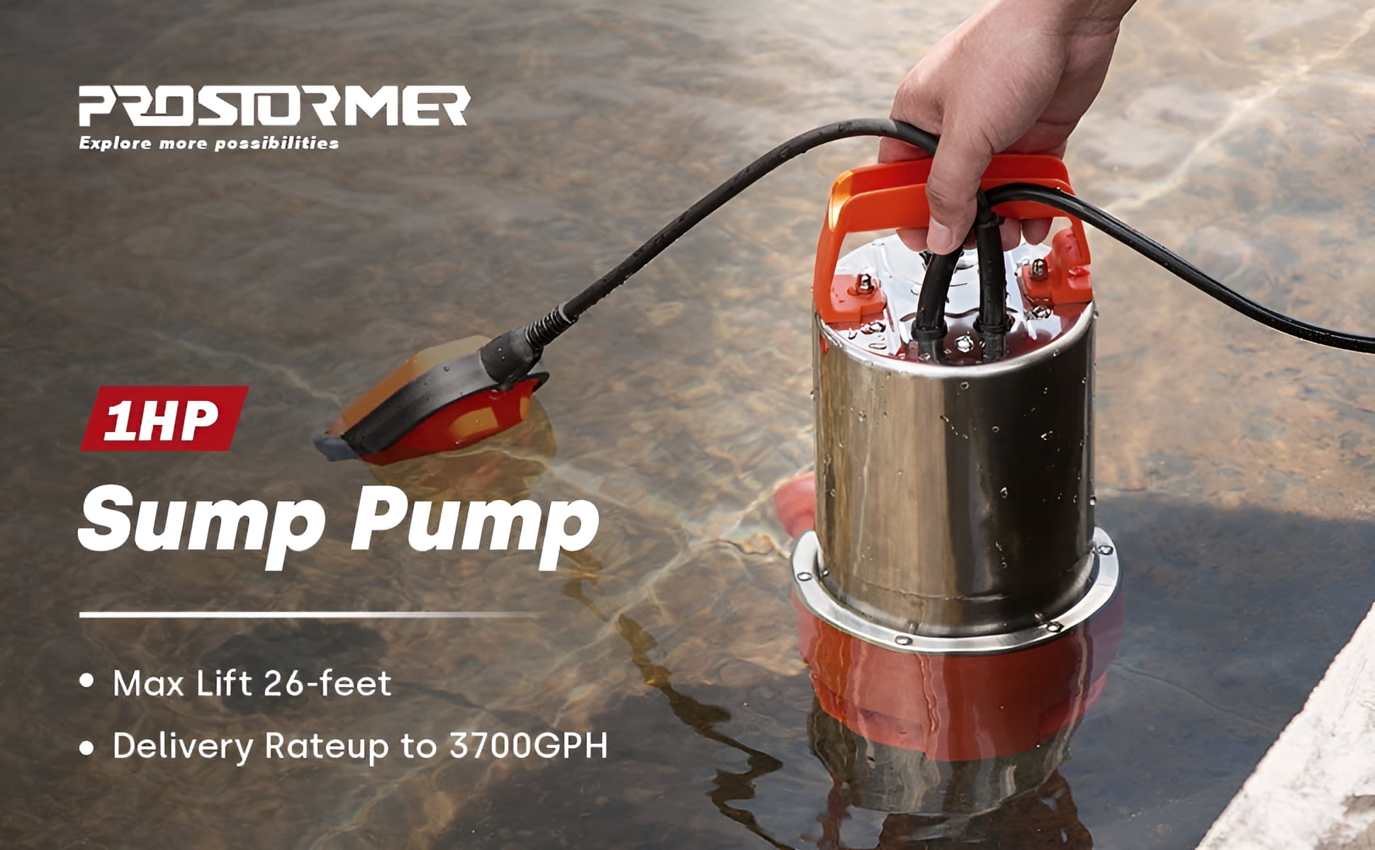 PROSTORMER 1HP Stainless Steel Sump Pump, 3700GPH Submersible Water Pump Clean/Dirty Water Pool Pump with Float Switch for Fresh Water, Mains Water, and Pool Water