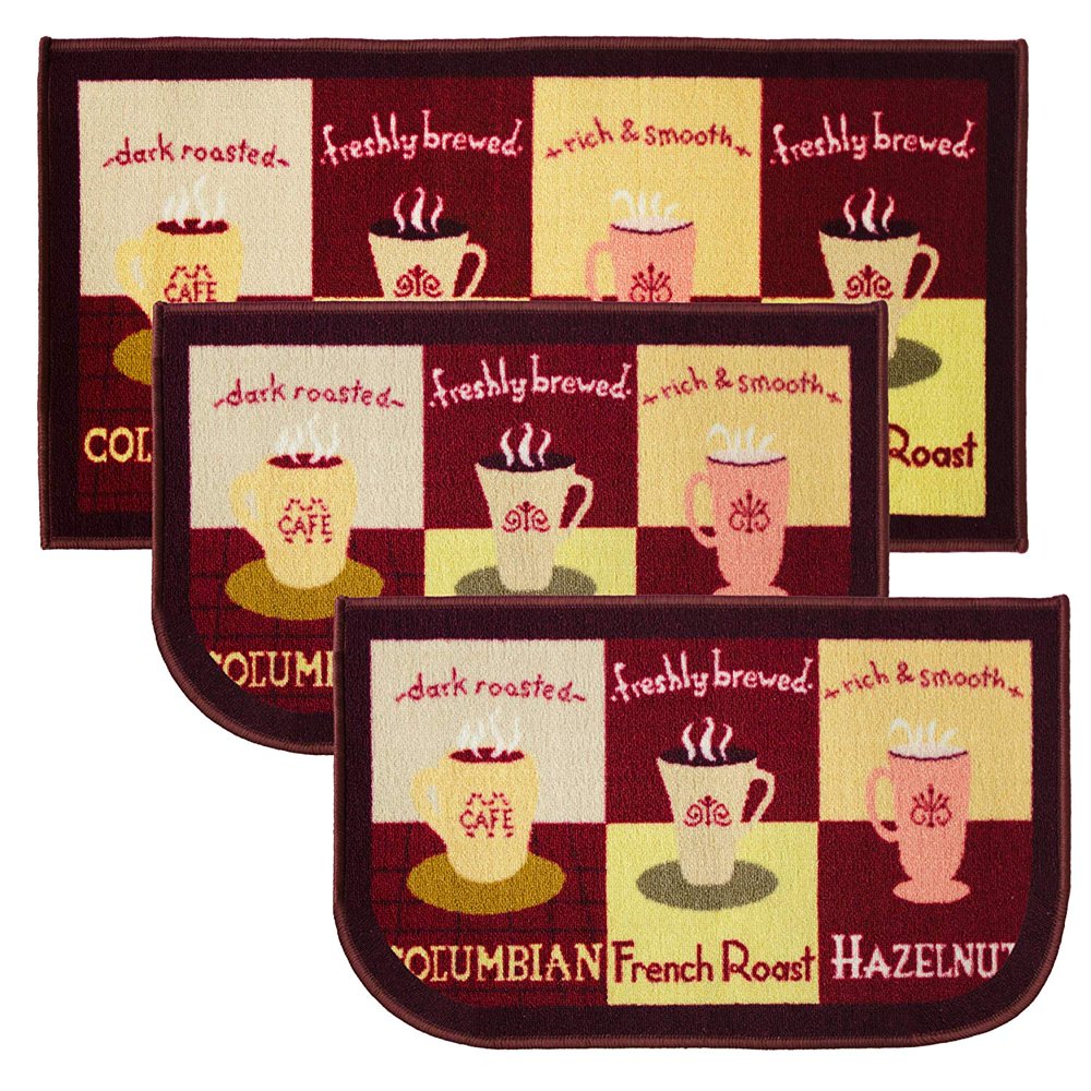 Coffee Cup 3pc Kitchen Rug Set, (2) Slice 18"x30" Rugs, (1) 20"x40" Mat
