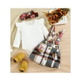 thumbnail image 3 of Gureui Toddler Infant Baby Girls Spring Autumn Clothes Set, Solid Ribbed Long Sleeve Ruffled Romper + Plaid Print Suspender Skirt + Headband, 3 of 9