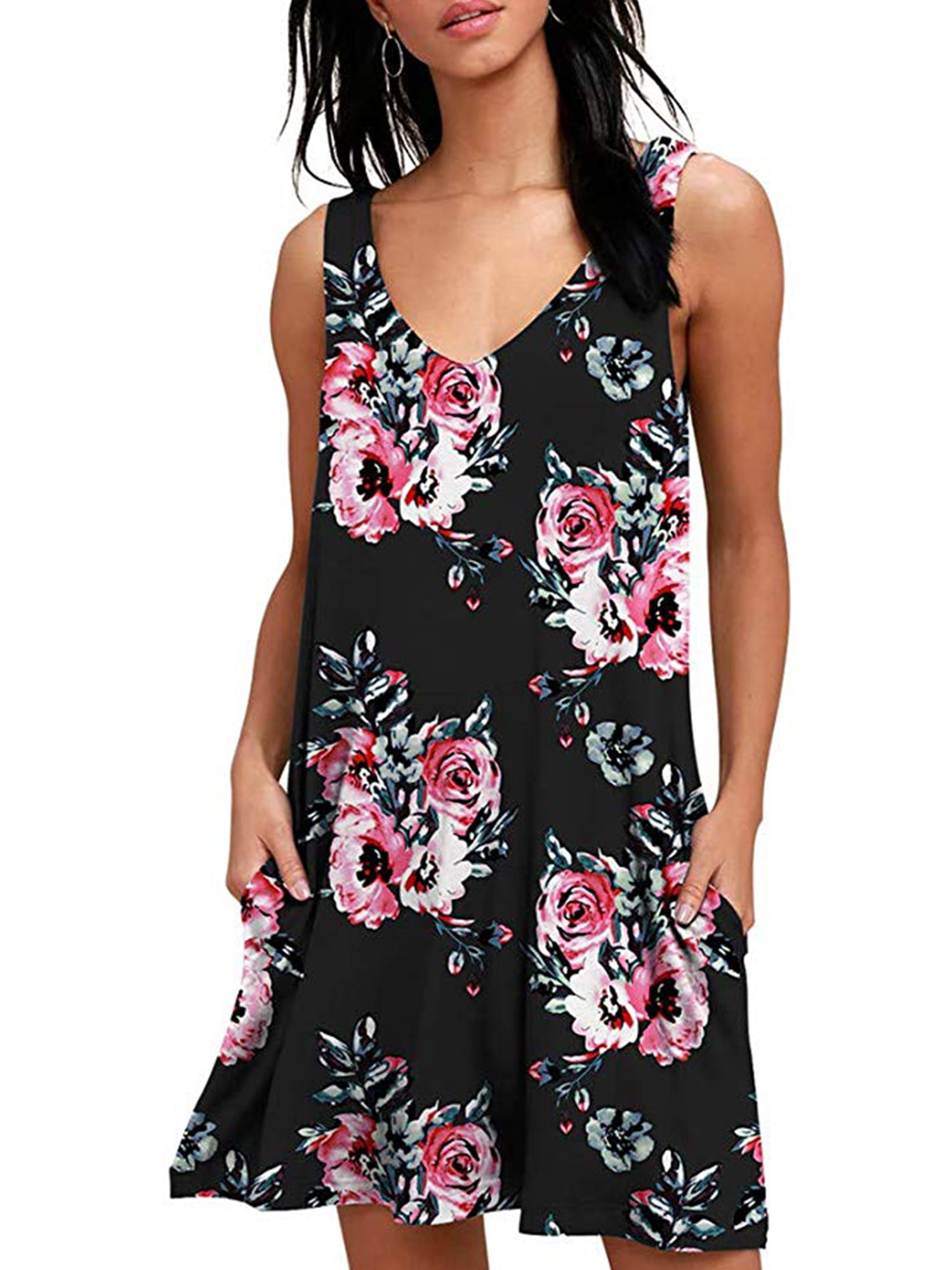 Women Summer Holiday Beach Sleeveless Floral Printing Loose Vest Dress