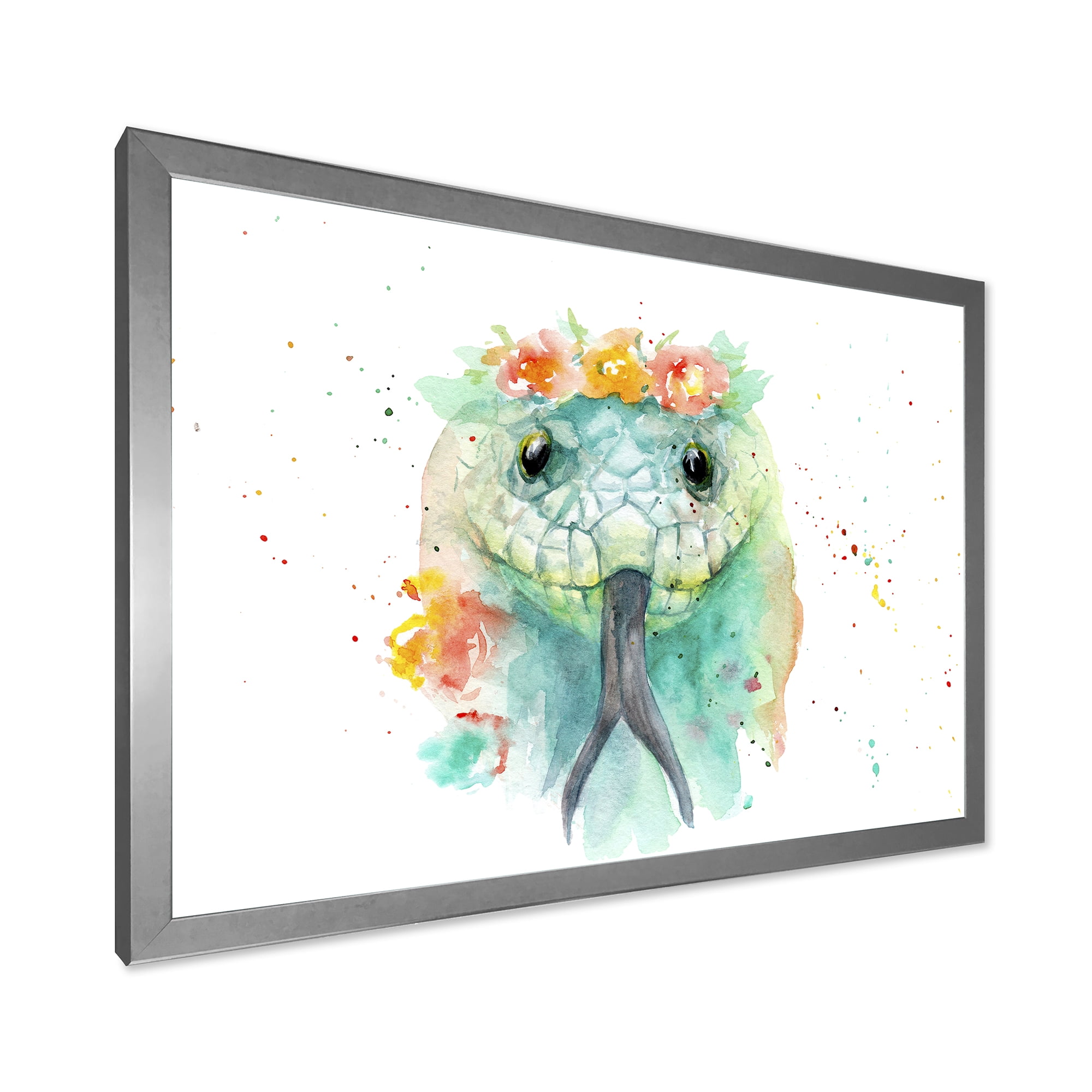 Designart 'Portrait A Green Snake In Flowers' Farmhouse Framed Art Print