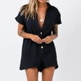 thumbnail image 2 of FAKKDUK Rompers for Women Summer Solid Cotton Linen Short Sleeve Button Deep V Neck Loose Fit Womens Rompers Casual Rompers for Women 2023 Women's Jumpsuits, Rompers & Overalls Shorts ,S, 2 of 7
