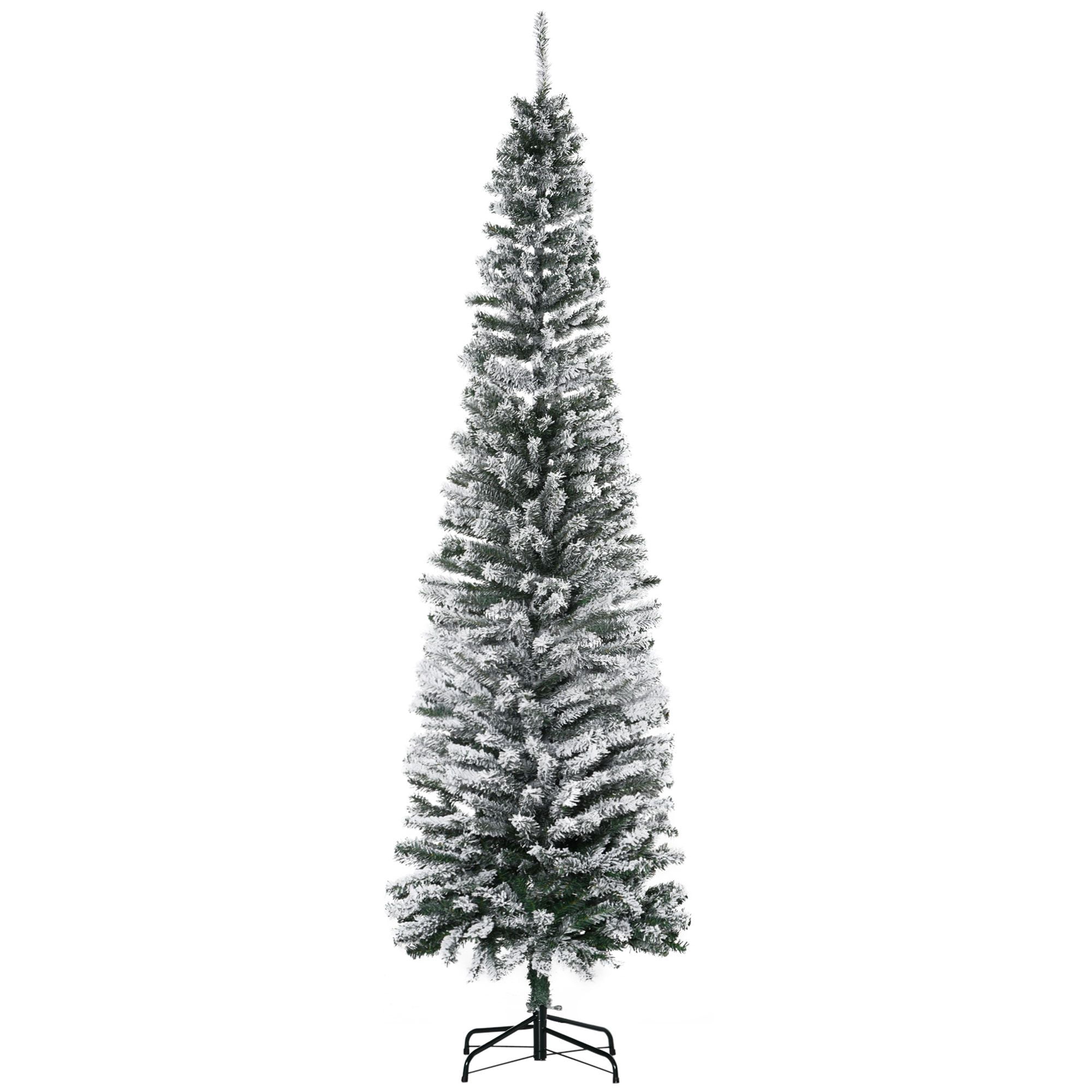 7.5 ft Snow-Flocked Slim Artificial Christmas Tree with 738 Tips, Pencil Shape, Metal Base, Indoor Holiday Decor