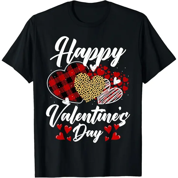 Happy Valentine's Day Hearts with Leopard Plaid Valentine T-Shirt