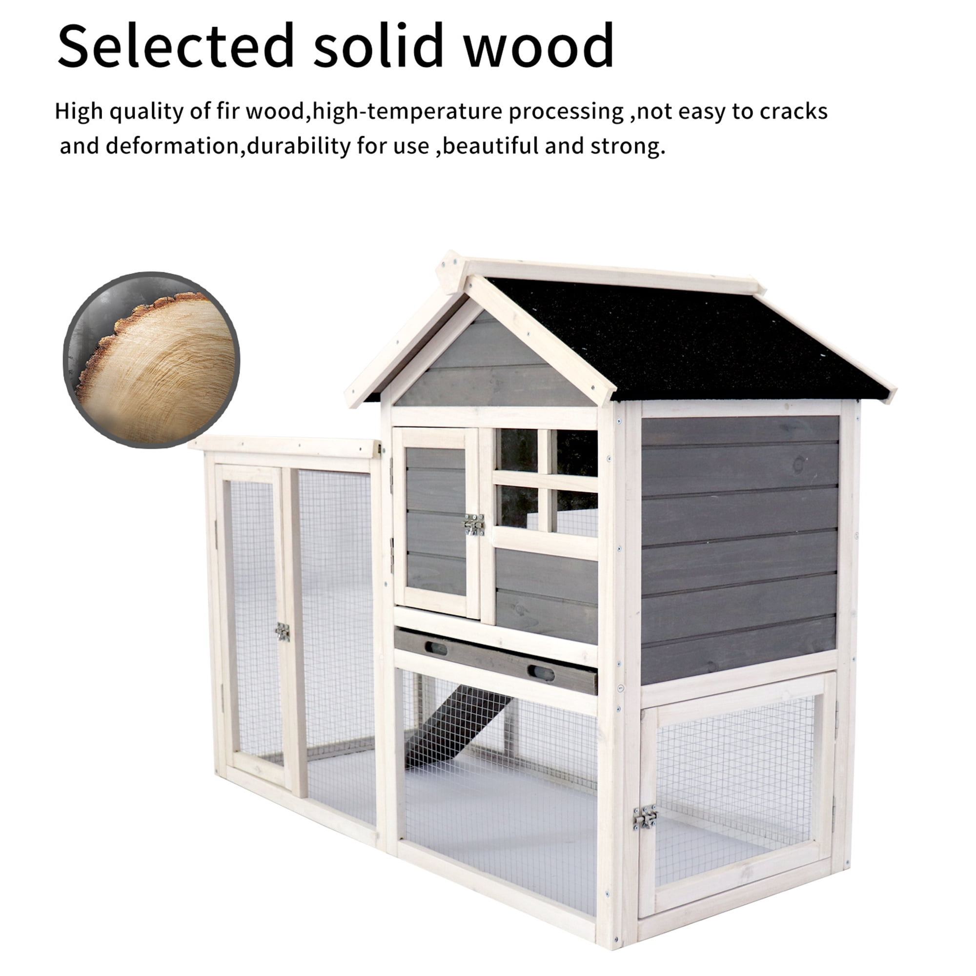 Aukfa 48" Wood Chicken Coop 2 Levels Rabbit Hutch with Pull Out Tray for Outdoor Indoor, Gray