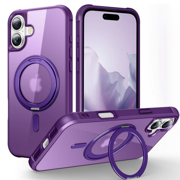 Dteck for iPhone 16 Case with Invisible Magnetic 360° Rotating Stand,Compatible with MagSafe,Military-Grade Drop Protection Shockproof Bumper Translucent Case for iPhone 16,Purple