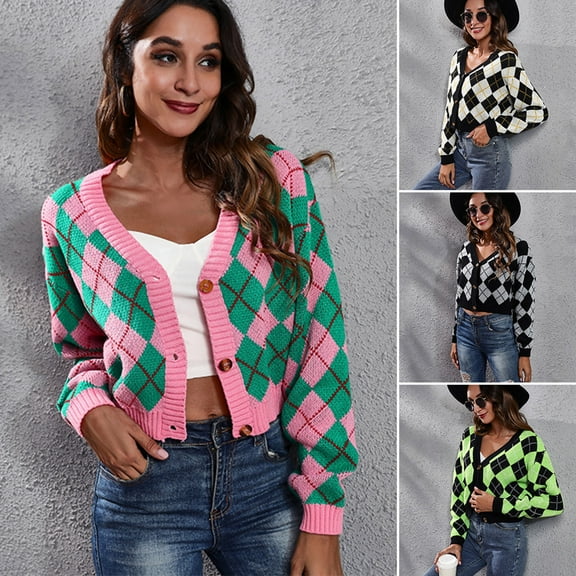 Aboser Womens Y2k Cropped Cardigan Sweaters Preppy Fashion Argyle Plaid Sweater Coat Lightweight Cotton Knit Cardigan Button Up Long Sleeve Crop Tops