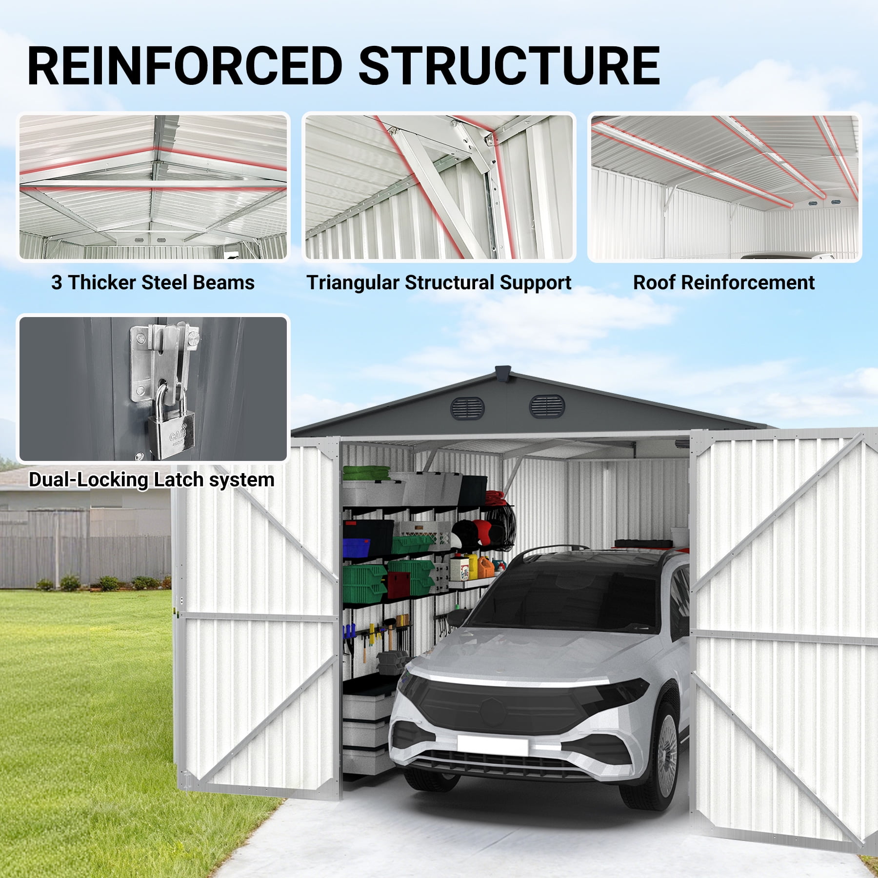 13x20 Ft Outdoor Metal Garage Shed, Extra Large Storage Shed with Double Hinged Doors, Carport for Car, Truck, Bicycle and Garden Equipment, Dark Gray