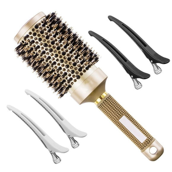 Round Brush, Nano Thermal Ceramic & Ionic Tech Hair Brush, Small Round Barrel Brush with Boar Bristles for Blow Drying, Styling, Curling and Shine (2 inch, Barrel 1 inch) + 4 Free Clips