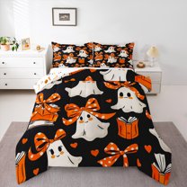 Manfei Halloween Ghost Bedding Comforter Set,Girls Bow Knot Twin Comforter Sets,Orange White Black Bedding Set For Child,Breathable Home Decor Reversible,2-Piece