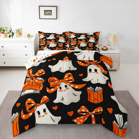 Manfei Halloween Ghost Bedding Comforter Set,Girls Bow Knot Twin Comforter Sets,Orange White Black Bedding Set For Child,Breathable Home Decor Reversible,2-Piece