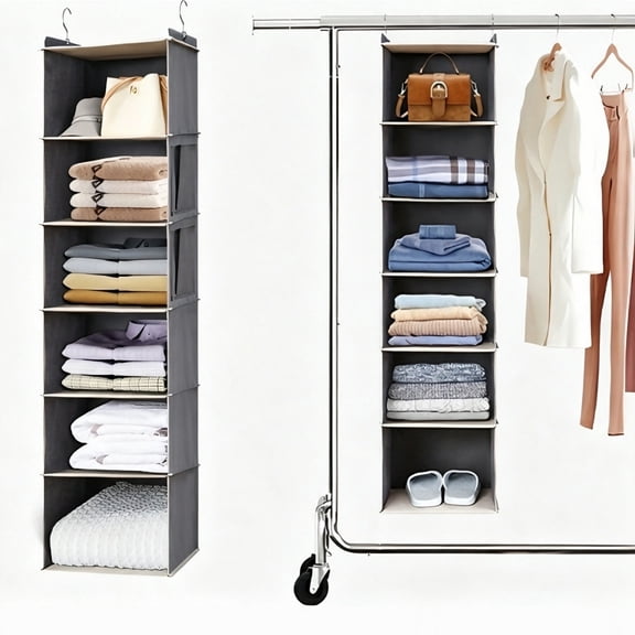Jademall 6‑Tier Hanging Closet Organizer, 47.2"x11.8"x11.8" Storage Shelves with Side Pockets for Clothes & Towels - Grey