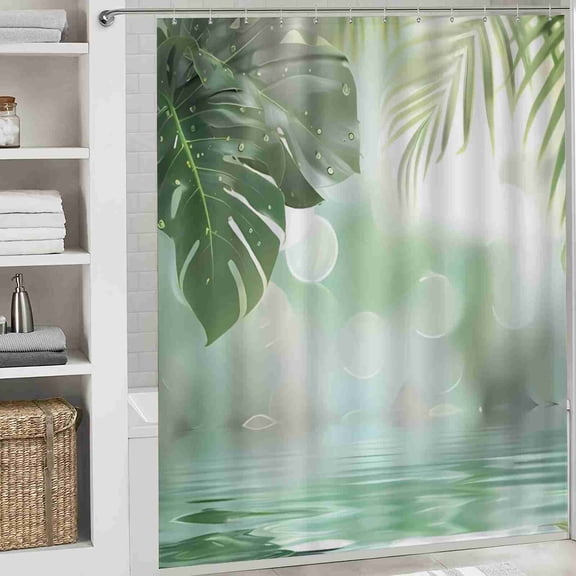 70x70 inch Green Tropical Leaves with Water Reflection Shower Curtain, Waterproof Polyester Fabric with Hooks for Bathroom Decor
