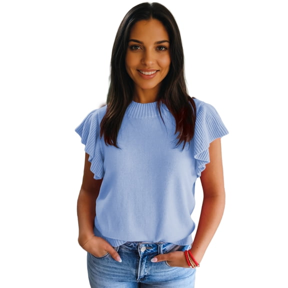 Women's Beau Blue Ribbed Trim Short Sleeve Sweater – Casual Summer Style for Daily Wear, XL