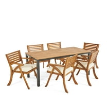 Lennox Outdoor Acacia Wood 7 Piece Dining Set, Teak, Cream, and Black