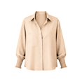 thumbnail image 3 of Women's Striped Button Up Shirts with Smocked Long Sleeve Lapel Collar Loose Fit Dressy Casual Trendy Blouses (L, Khaki), 3 of 6