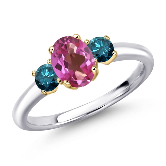 Gem Stone King 925 Silver and 10K Yellow Gold Pink Mystic Topaz and Blue Diamond Engagement Ring for Women | 1.10 Cttw | Oval 7X5MM | Gemstone November Birthstone | Size 5