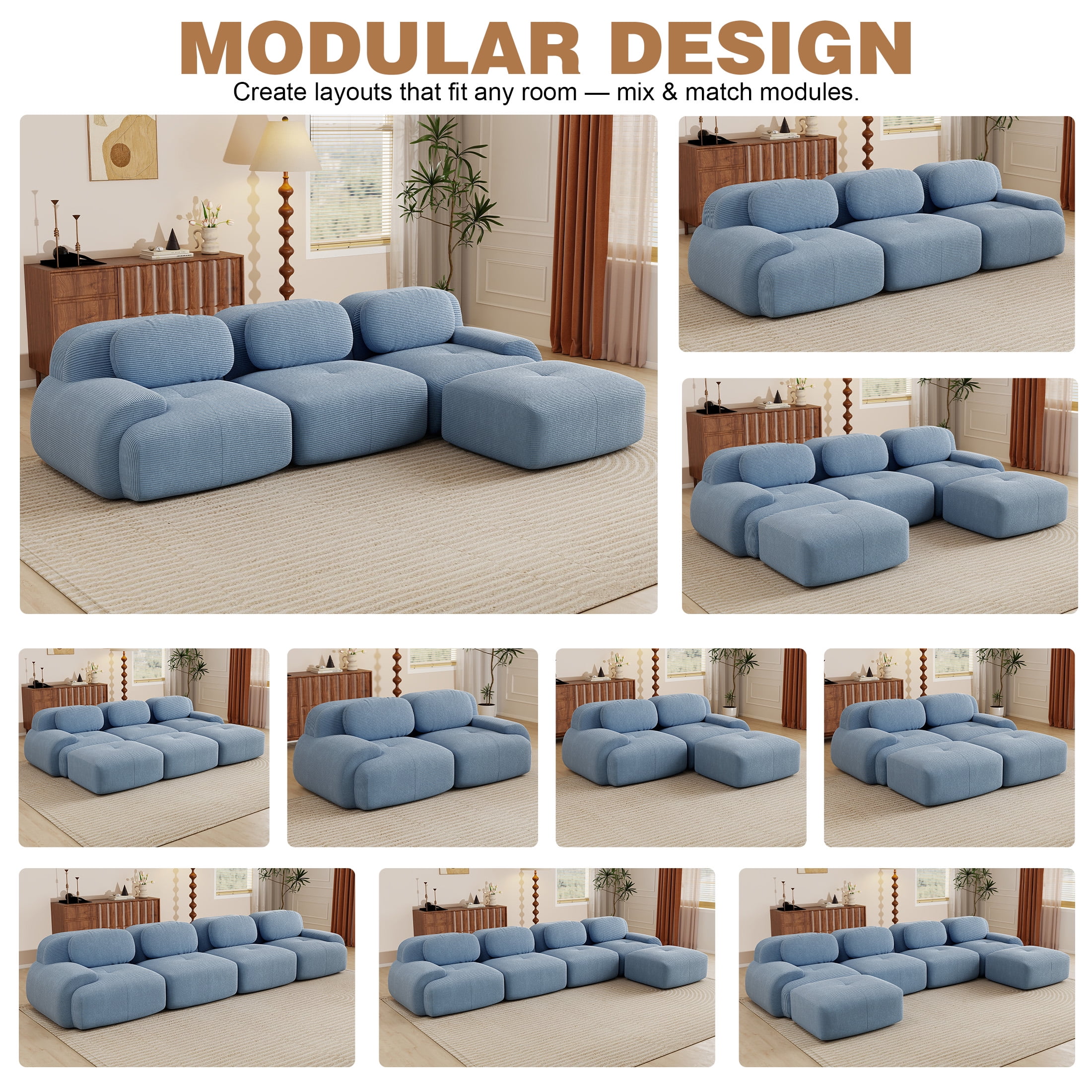 Aukfa 118" L-Shaped Modular Sofa, Oversized 3-Seater w/ Deep Seat, Ottoman, Corduroy, No Assembly, Blue