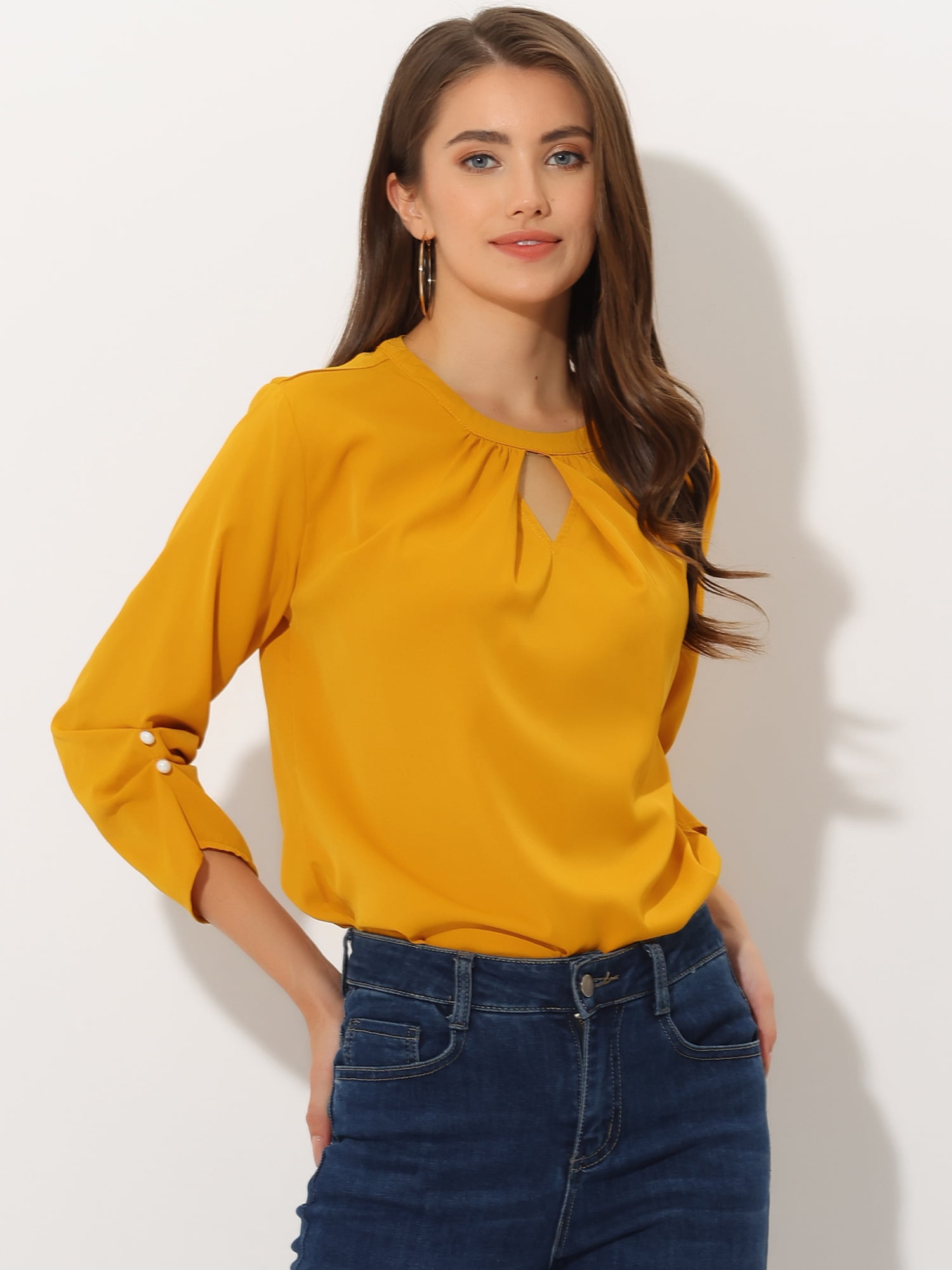 DARING DIVA Round Neck Keyhole Pleated Shirred Work Top M Ginger