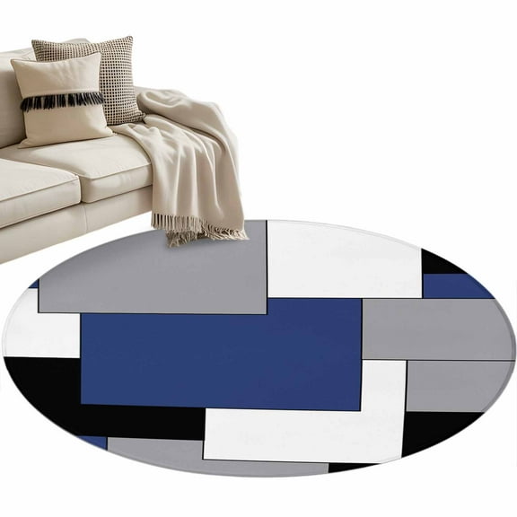 Navy Blue Grey Black Geometric Round Rug 3ft Area Rug Washable Soft Non-Slip 3' Circle Low Pile Rugs Middle Century Art Abstract Aesthetics Carpet for Bedroom Living Room Entryway Office Dining Room