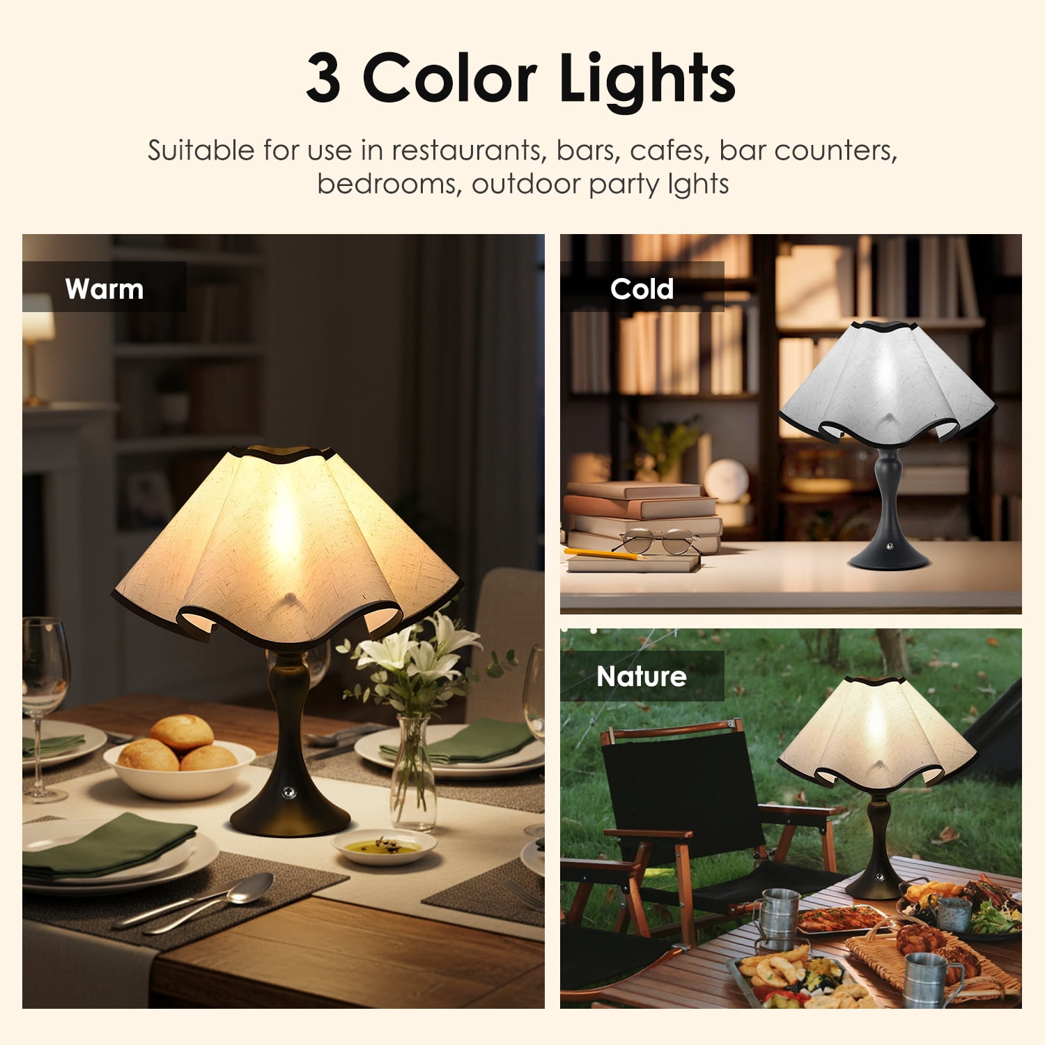 WANALIT Table Lamps for Bedroom, Home Cordless Indoor Faux Linen Fabric Shade Desk Lamps with Touch Switch / Dimmer for Nightstand, Battery Operated Bedside Lamps for Living Room-Black