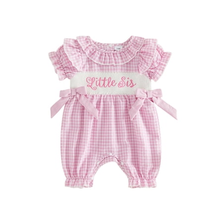BemeyourBBs Baby Girl Summer Clothes Daddy s Girl Little Sister Outfit Baby Girl Newborn Going Home Outfit Pink Gingham Plaid Romper Letter Embroidered Ruffled Short Sleeve Smocked Bubble Jumpsuit