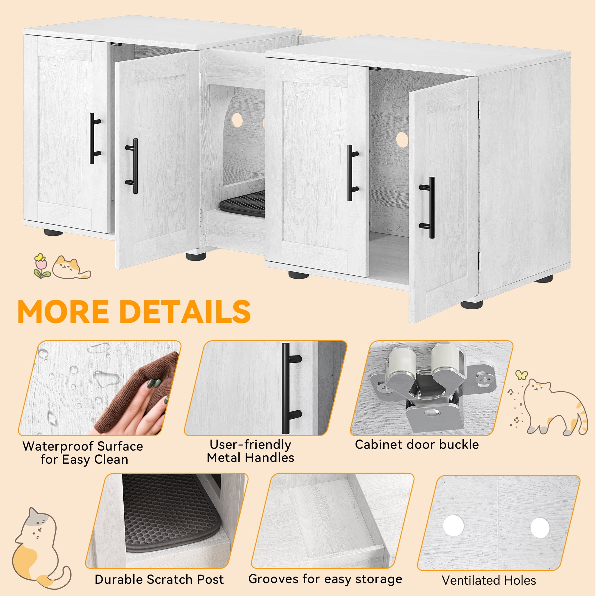 M optimized Litter Box Enclosure for 2 Cats, Cat Hidden Litter Box Enclosure Furniture with Double Room, Wooden Enclosed Cat Litter Box Furniture