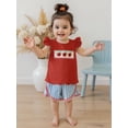 thumbnail image 4 of BemeyourBBs Toddler Baby Girls Summer Clothes Kids Baby Girl Back to School Pre Kindergarten Outfits Apple Embroidered Flying Sleeve T Shirt Tops Ruffled Striped Shorts Set, 4 of 9