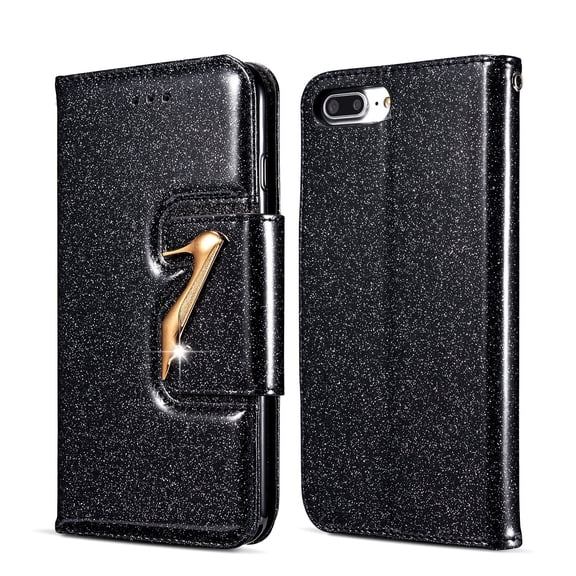 iPhone 8 Case Wallet, iPhone 7 Case, Allytech Glitter Bling Leather Cover Folio Credit Card Holder Wristlet Shockproof Protective Phone Case for Apple iPhone 7 8 (Black)