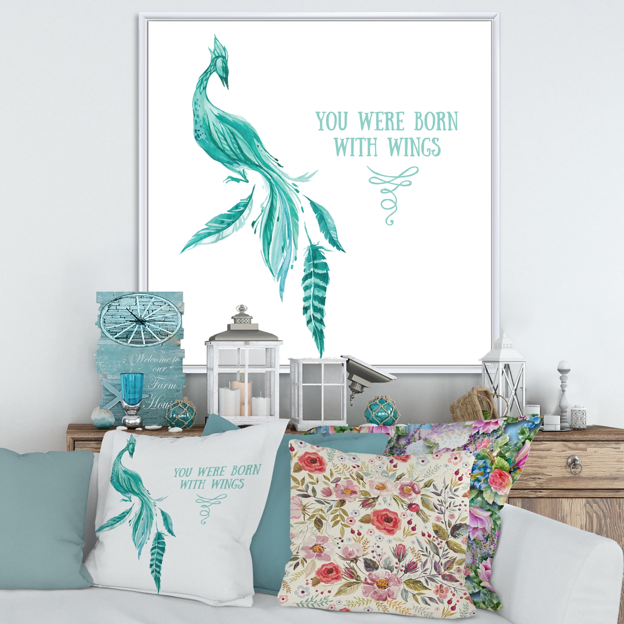 Designart 'Turquoise Bird You Were Born With Wings' Traditional Framed Canvas Wall Art Print