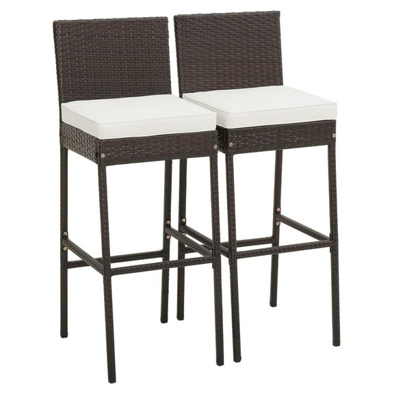 Outdoor Bar Stools Set of 2 - Wicker Rattan Patio Barstools Tall Chairs w/Back, Footrest, Seat Cushions & Metal Frame, 400LBS Weight Capacity, 30’’ Counter Height Bar Stools for Garden (1)
