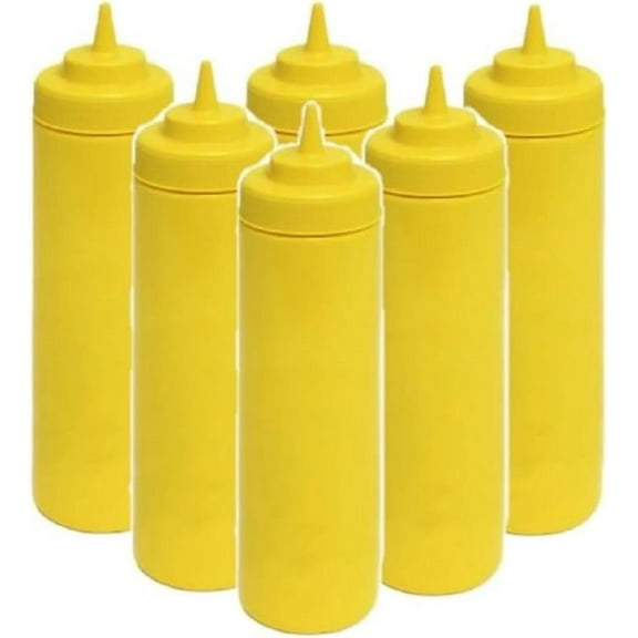 TrueCraftware-Set of 6 Squeeze Condiment Wide Mouth Dispensing Bottles 24 oz Yellow- Plastic Squeeze Bottle For Sauces Spreads Ketchup Mustard Mayo Hot sauces and Olive oil