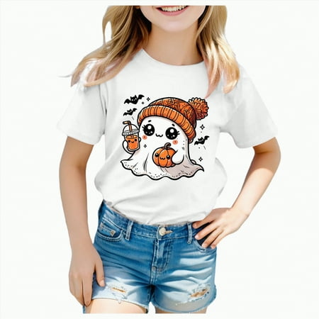 CAUYDY Kids Toddler Boys Girls Halloween Shirt Short Sleeve Ghost Retro Skateboard Boo Cotton T-Shirt Top(Z01-White 4-5 Y)