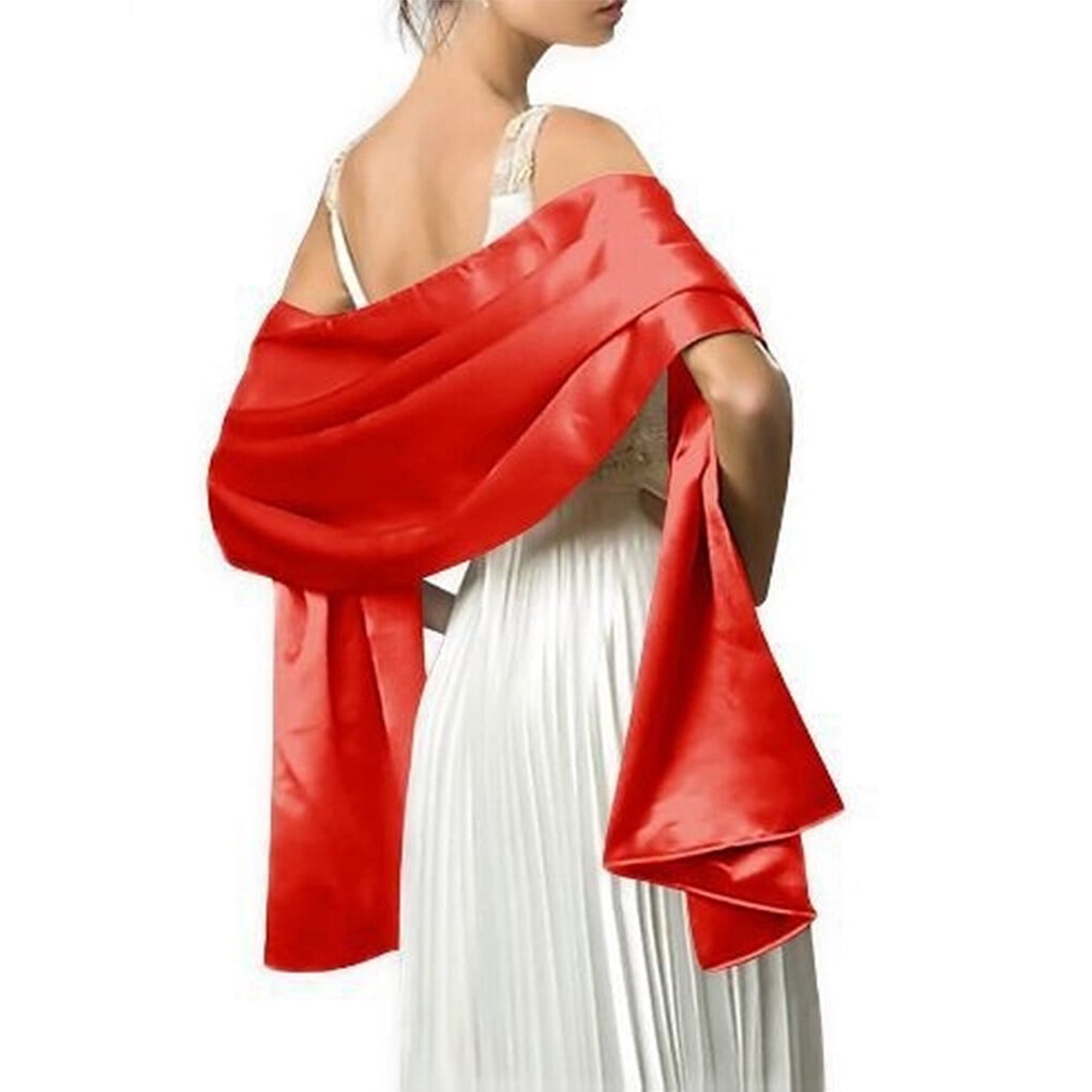 Wedding Dance Ball Women Satin Shawl Girls Evening Party Ornament Scarves Banquet Prom Stylish Decorative Scarf Solid Color Decor Red