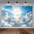 thumbnail image 3 of Christian Cross Backdrop Holy Lights Blue Sky Clouds Stairway Heaven Photography Background Backdrop Paradise Lord Pray Jesus Church Events Easter Banner Decoration Supplies Photo Booth Props,5X3ft, 3 of 5