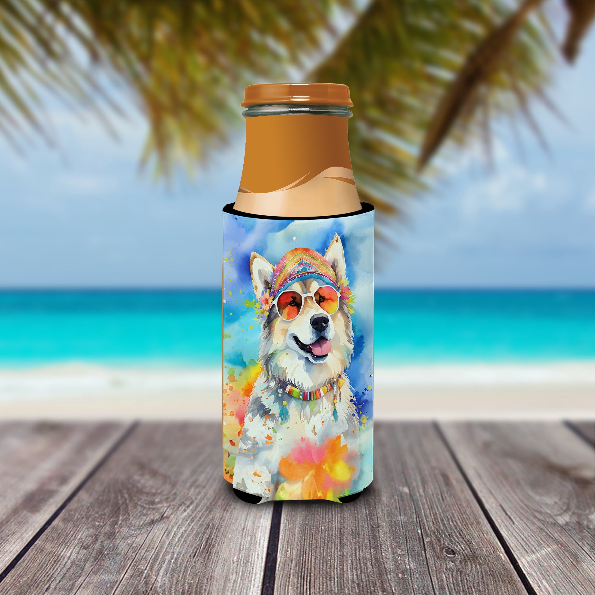 Alaskan Malamute Hippie Dawg Hugger for Ultra Slim Cans 4 in x 6.5 in