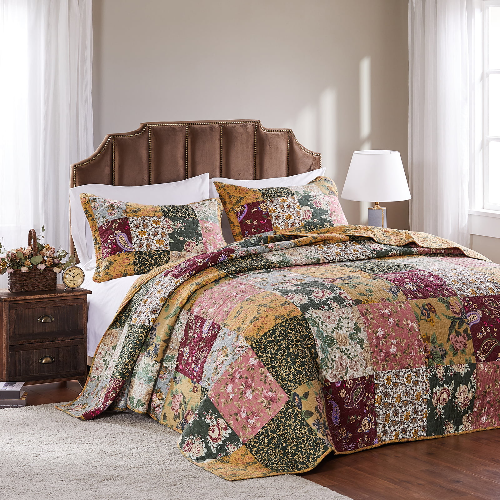Details about   Quilted Bedspread Set Oversized Coverlet Floral Patchwork Beige Rust Light Blue 