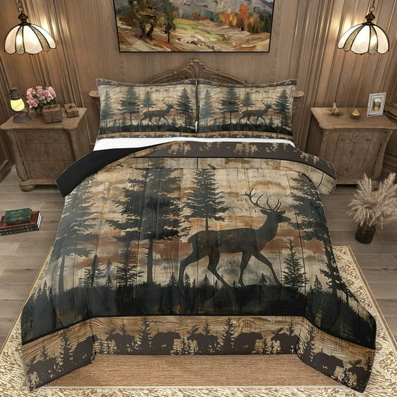Homewish Animal Deer 2pcs Bedding Comforter Set For Teens Boys Girls,Jungle Wildlife Twin Comforter Sets,Retro Vintage Cabin Breathable Bedding Set,Breathable Home Decor,Reversible