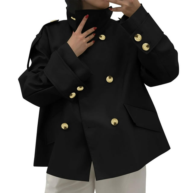 Manteaux Trench pour Femmes, Veste Trench Courte à Col à Revers à Manches Longues Unie Coupe Régulière Décontractée pour Femmes avec Fermeture Éclair, Manteau de Travail Surdimensionné à Double Boutonnage, Vestes d'Automne pour Femmes