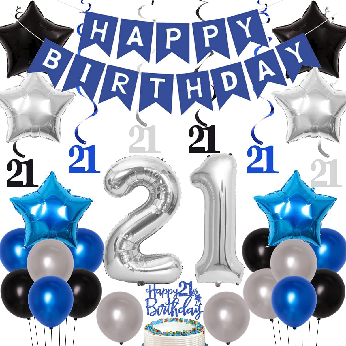 Blue and Silver 21st Birthday Decorations for Boy Men and Women ...