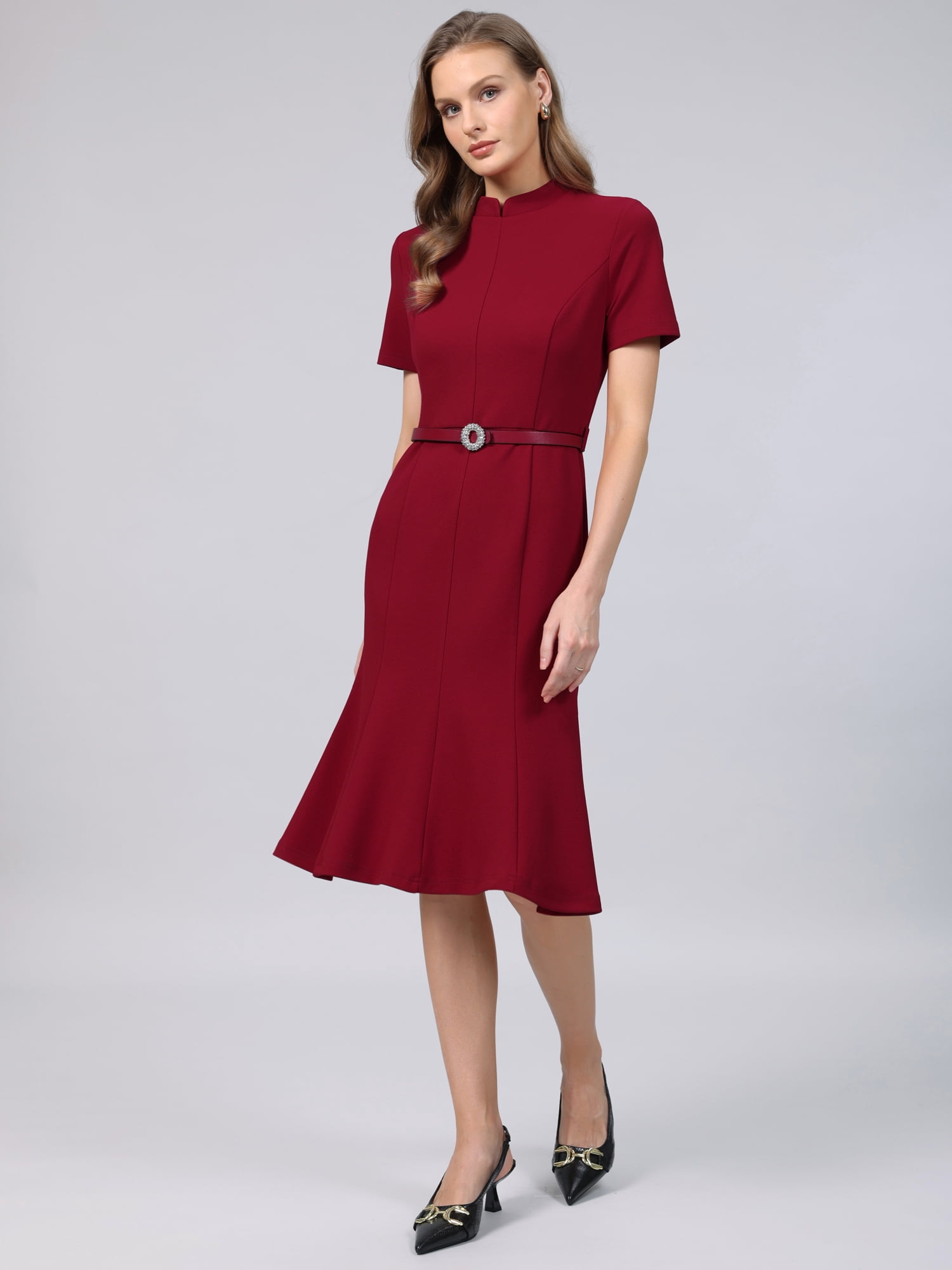 DARING DIVA Women's Vintage Mock Neck Short Sleeve Fishtail Dress 2XL Dark Red