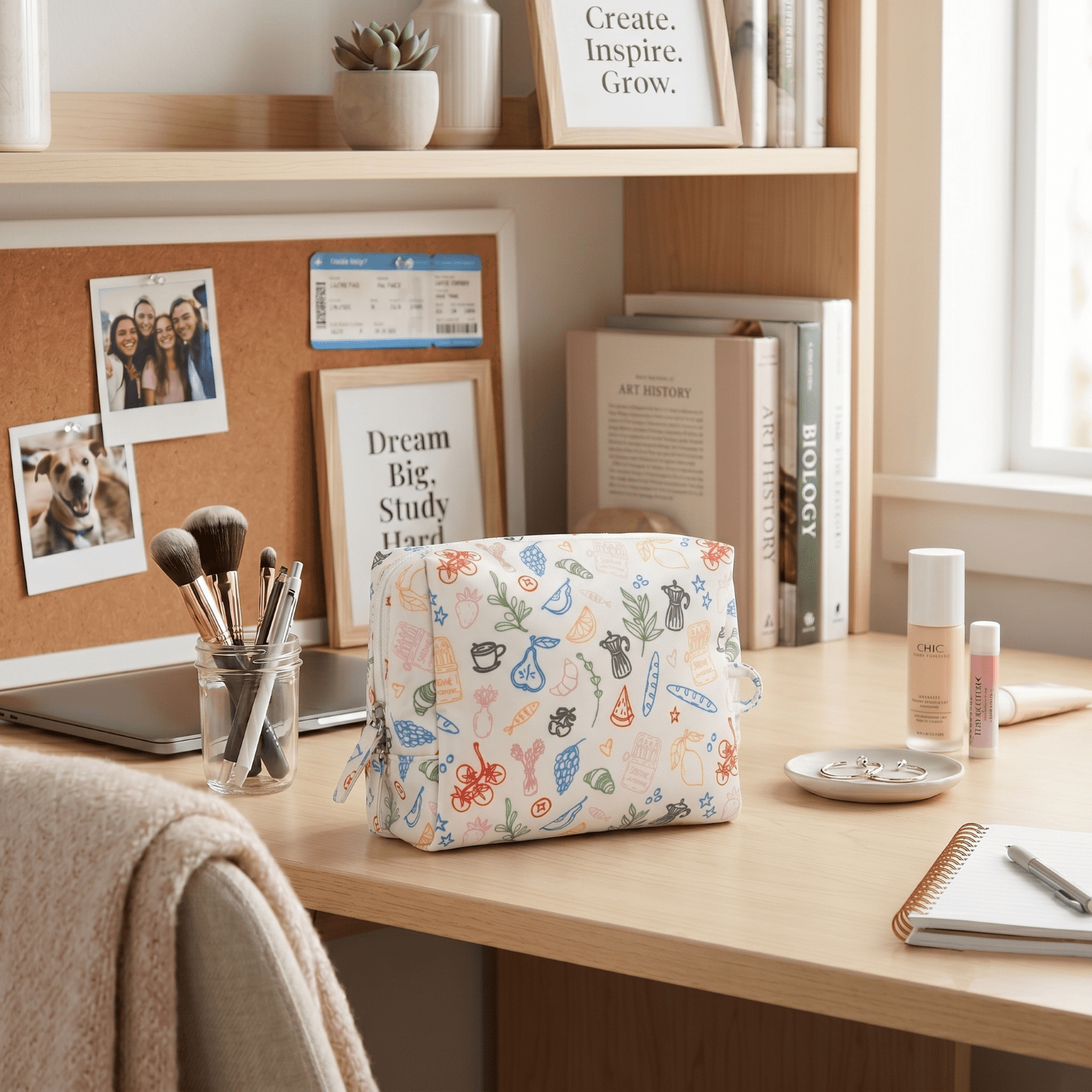 packlab Travel Makeup & Toiletry Cosmetic Bag, Cafe Doodle Organizer Pouch