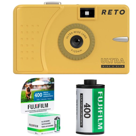 RETO Ultra Wide and Slim 35mm Reusable Film Camera (Yellow) 22mm Wide Lens, Focus Free, Light Weight, Easy to Use (No battery Required) Plus Fujifilm 400 Film (36 Exp.)
