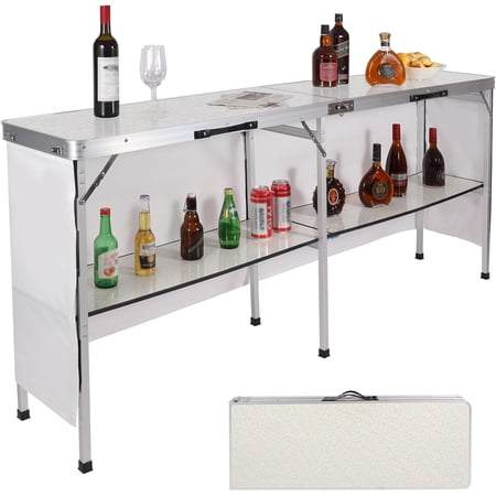 REDCAMP Extra Long Portable Bar Table with Bar Skirts and Storage Shelf, Pop-Up Bar Table for Party, Patio, 78"x33.5"x15", White