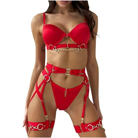 

Womens Lingerie Sets Clearance Bib Pants Coverall Tulle Mesh Underwear Set Push Up Bra Red M