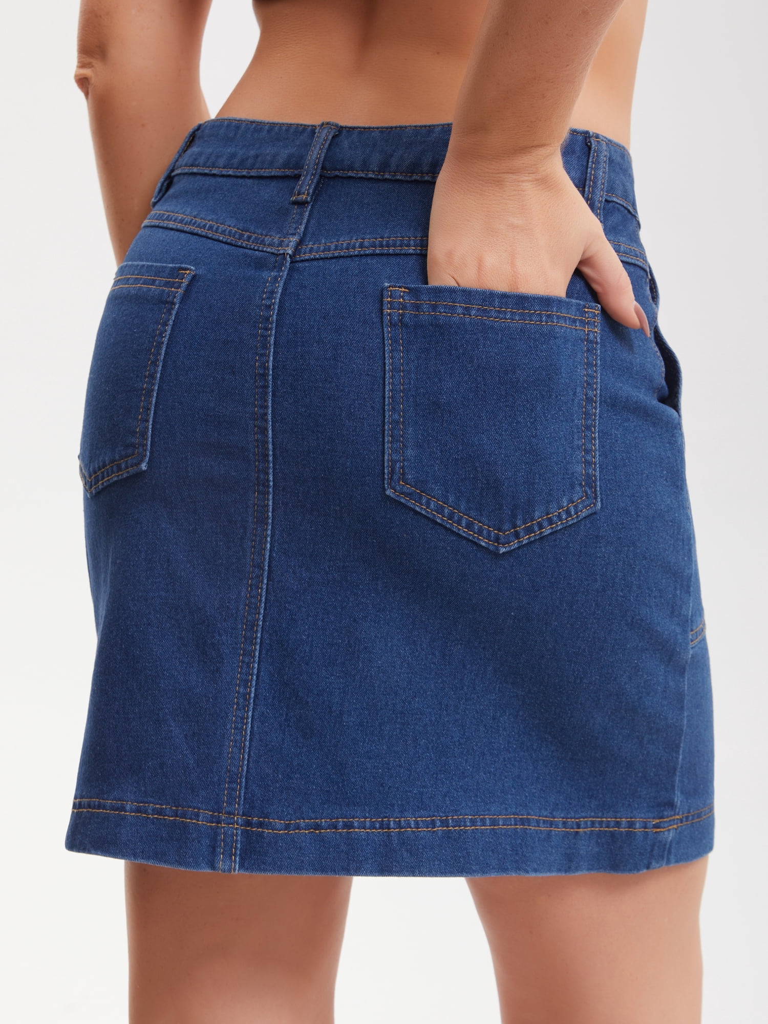 DARING DIVA Women's Mini Stretch Pockets Short Denim Skirts Large Dark Blue