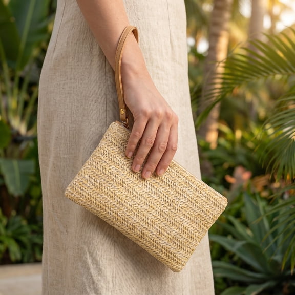 Bohemian Straw Zipper Clutch Bag for Women, Stylish Wristlet Purse and Beach Handbag Accessory