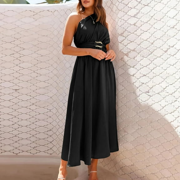 QUNYINEY Sleeveless Womens Dresses Solid Casual A-Line Dress Flowy One Shoulder Cinched Waist Maxi Dresses