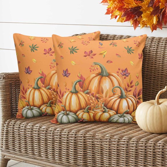 Outdoor Waterproof Pillow Covers Orange Pumpkin Thanksgiving Fall Maple Leaf Decorative Throw Pillow Protectors for Sofa Couch,18x18in 2 Pack