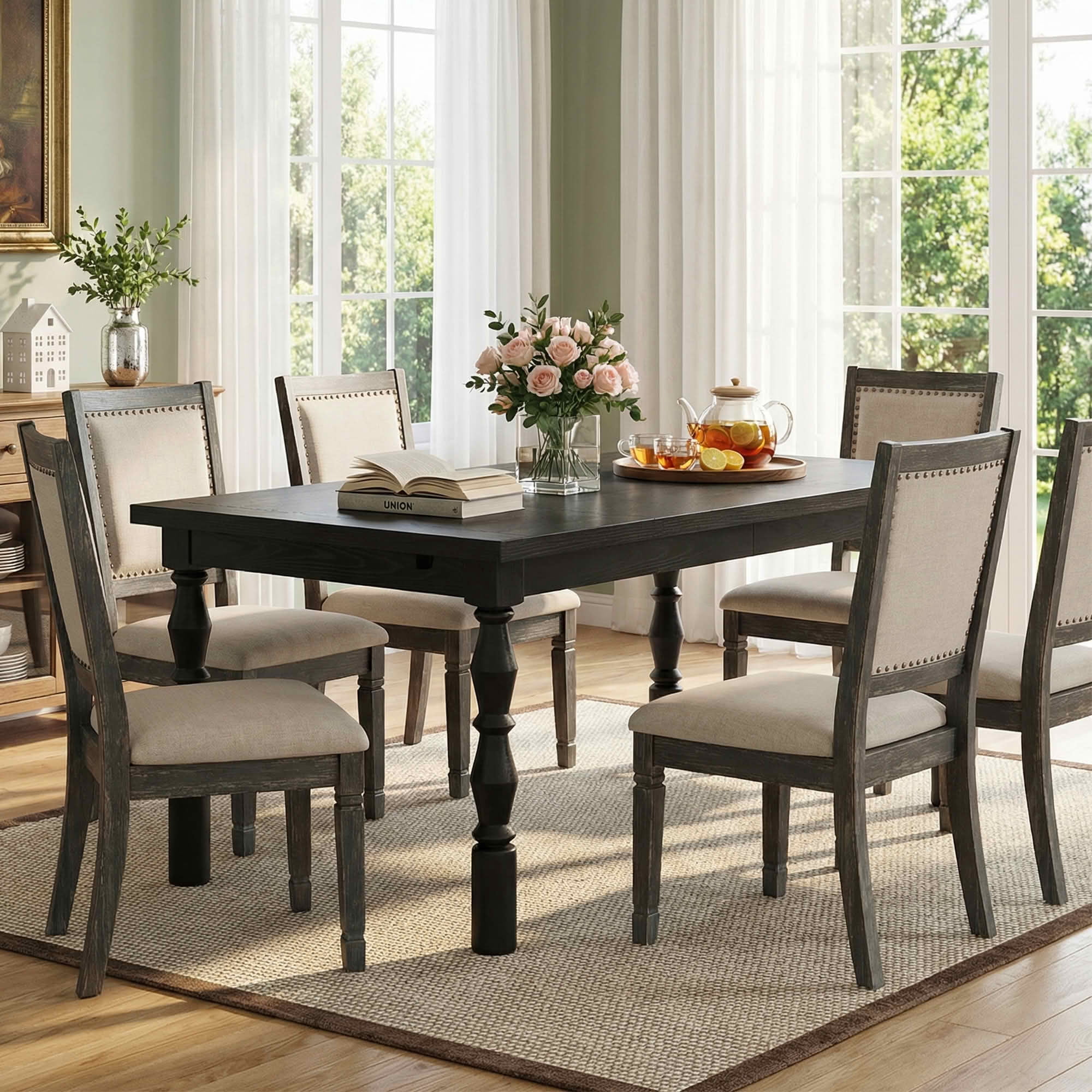 MAYEERTY 62 Inch Rectangular Dining Table, Walnut Kitchen Dinner Table with Carved Turned Legs for 4 to 6 People